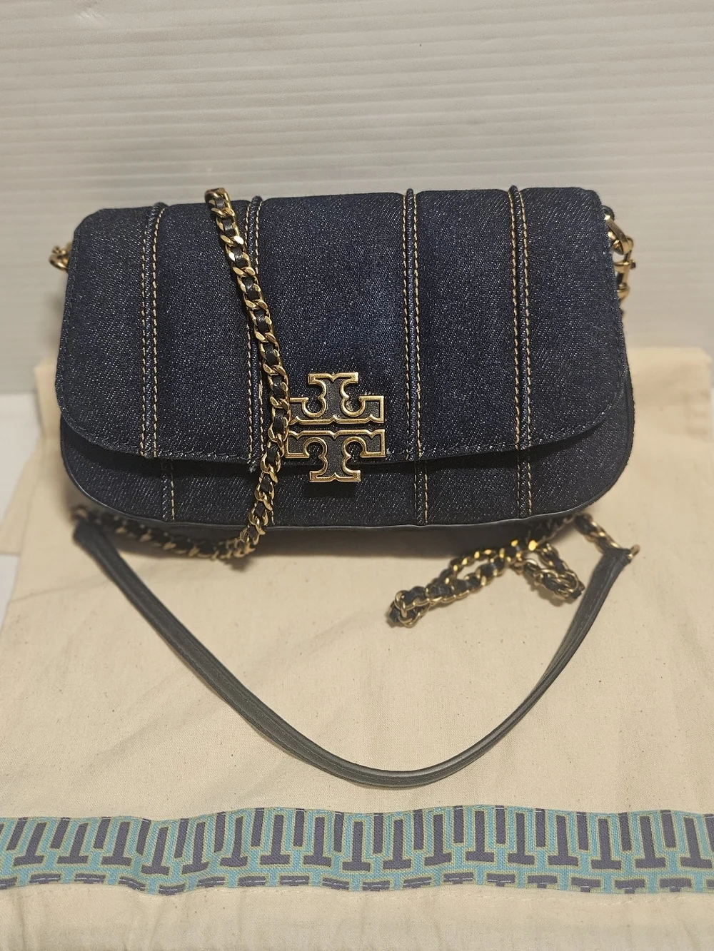 Tory Burch Britten Blue Denim Crossbody & Clutch Bag with Gold Hardware Elegant